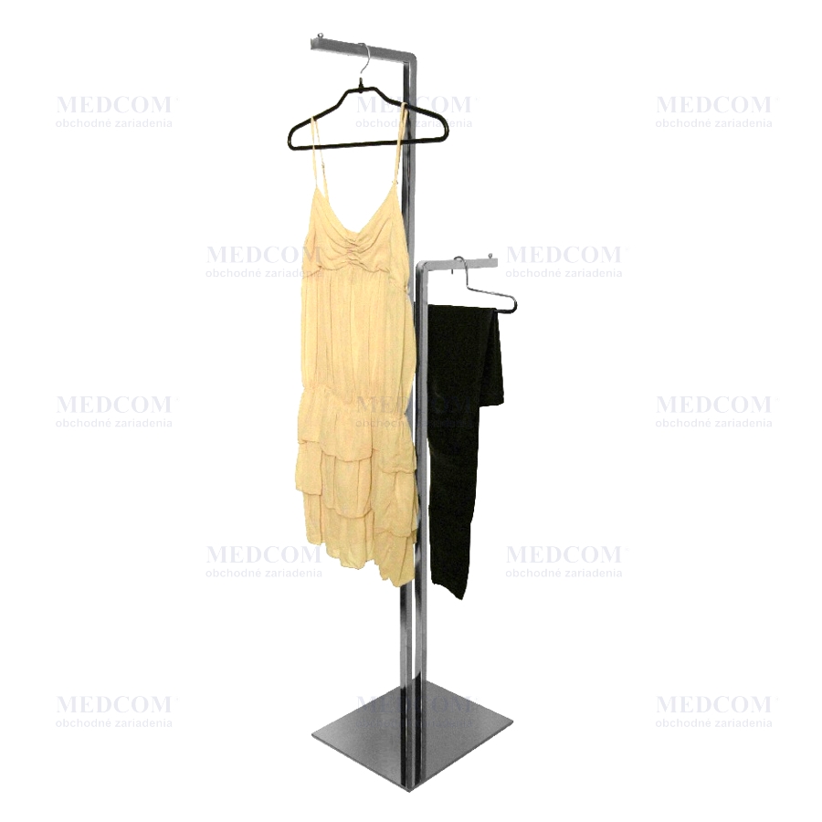 Double garment display stand, rectangular tube “L” shape, chromium plated